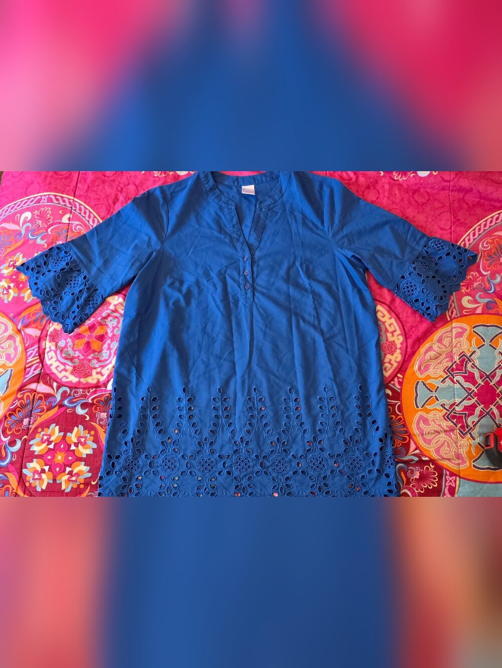 Blair Royal Blue Eyelet Sleeve & Hem Tunic Size L